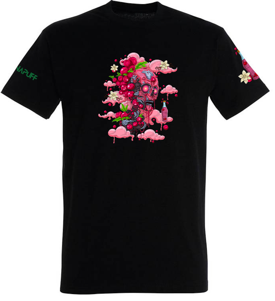 Canapuff T shirt in Black with a melting skull on pink clouds